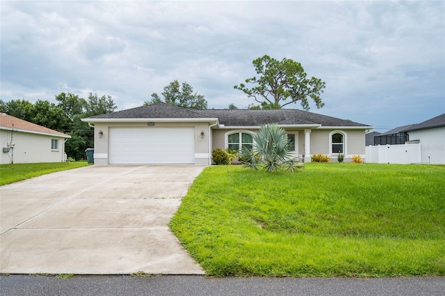 ranch-style home with a front yard and a garage