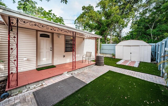 exterior space featuring a storage shed