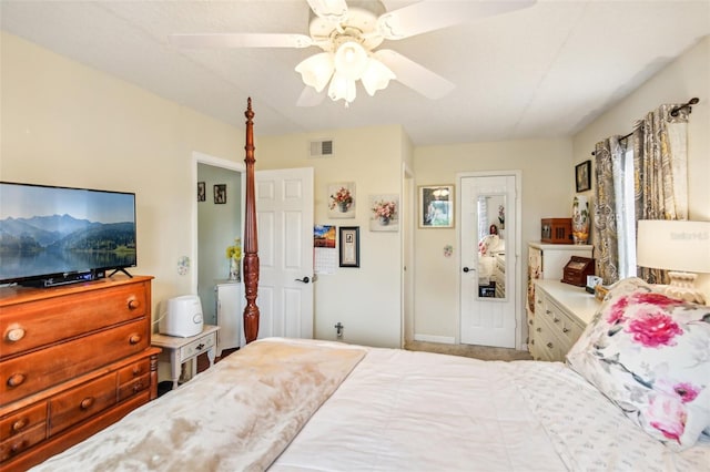 bedroom featuring visible vents and a ceiling fan