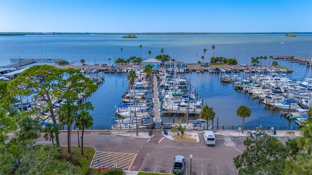 bird's eye view with a water view