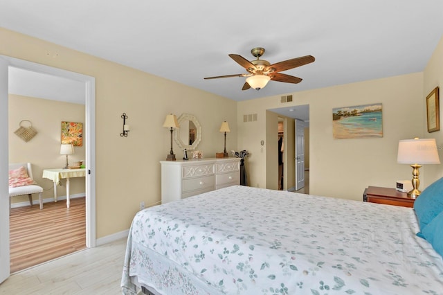 bedroom featuring light hardwood / wood-style flooring and ceiling fan