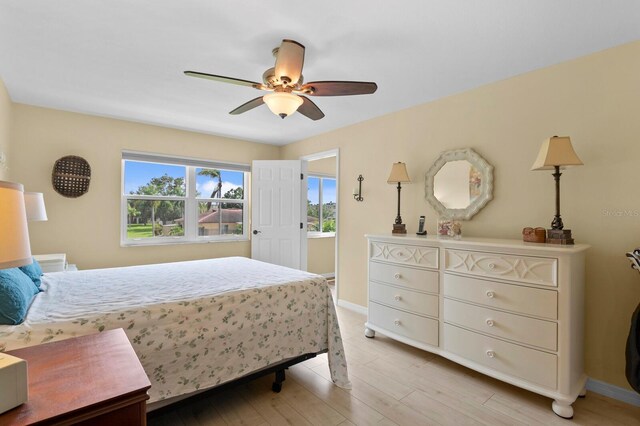 bedroom featuring light wood-type flooring and ceiling fan