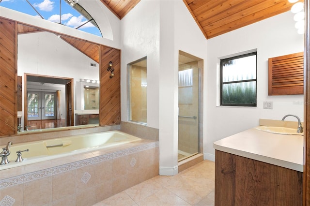 bathroom with vanity, separate shower and tub, wood ceiling, and high vaulted ceiling