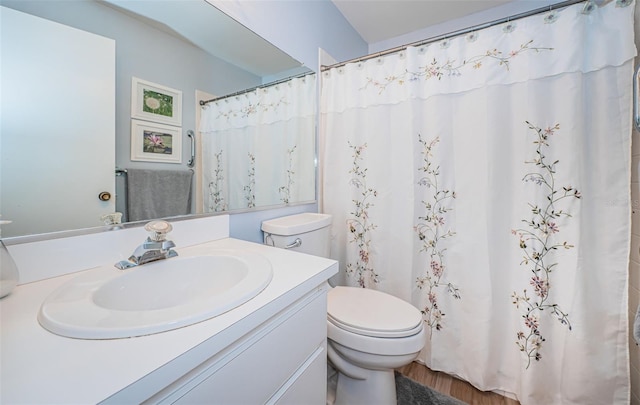 bathroom featuring hardwood / wood-style flooring, toilet, and vanity