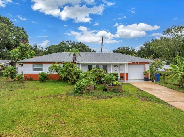 single story home with a garage and a front yard