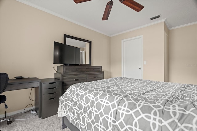 bedroom featuring crown molding, light colored carpet, visible vents, ceiling fan, and baseboards