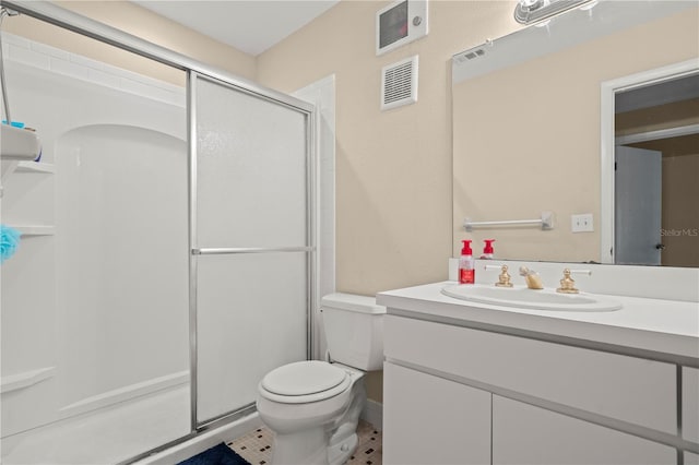 full bath featuring visible vents, a shower stall, toilet, and vanity