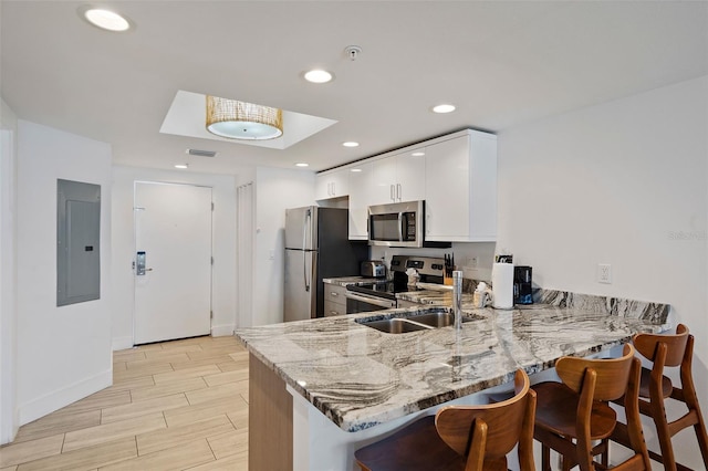 kitchen with appliances with stainless steel finishes, a breakfast bar, kitchen peninsula, electric panel, and light stone counters