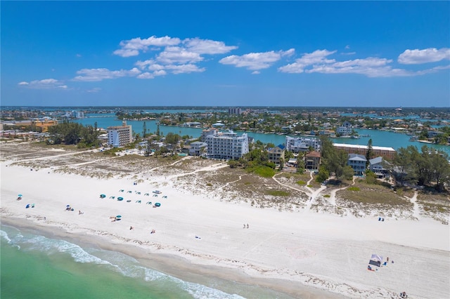 bird's eye view with a beach view and a water view