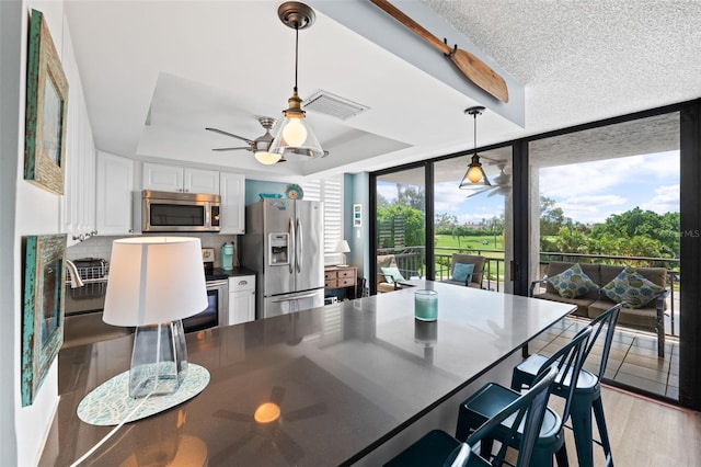 dining space featuring a textured ceiling, a tray ceiling, light hardwood / wood-style floors, expansive windows, and ceiling fan