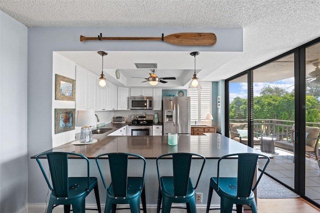 kitchen with decorative light fixtures, stainless steel appliances, kitchen peninsula, a raised ceiling, and light hardwood / wood-style floors