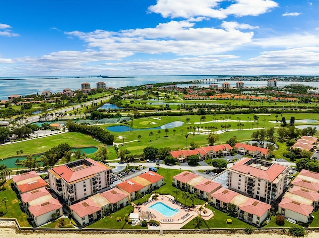 bird's eye view with a water view