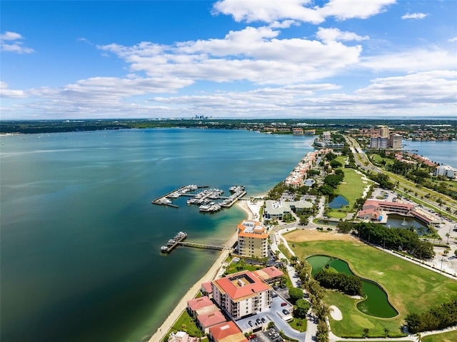 bird's eye view with a water view