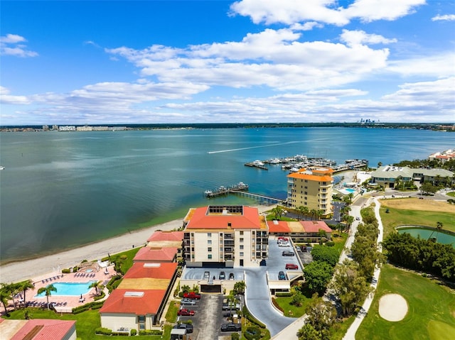 drone / aerial view with a water view