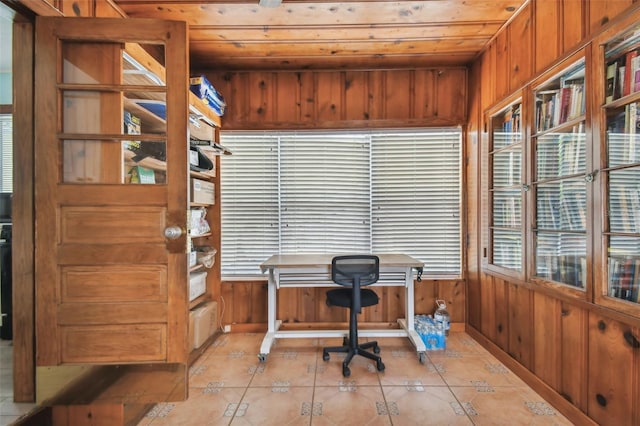 tiled office space with wood ceiling and wooden walls