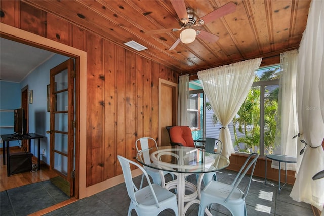 3108 58th St S, Gulfport, FL 33707 - dining area featuring wood walls, visible vents, wooden ceiling, and ceiling fan