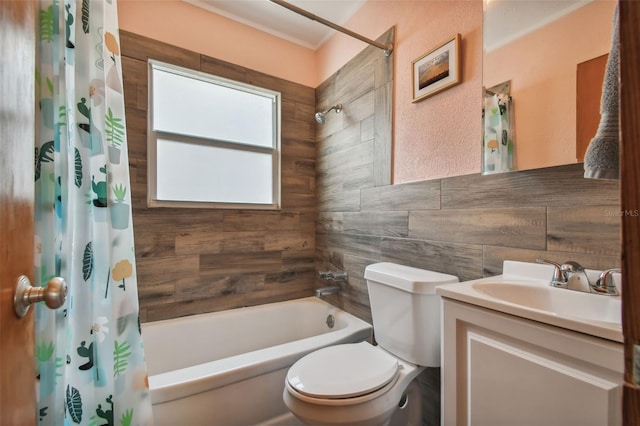 3108 58th St S, Gulfport, FL 33707 - bathroom featuring toilet, shower / bathtub combination with curtain, vanity, and tile walls