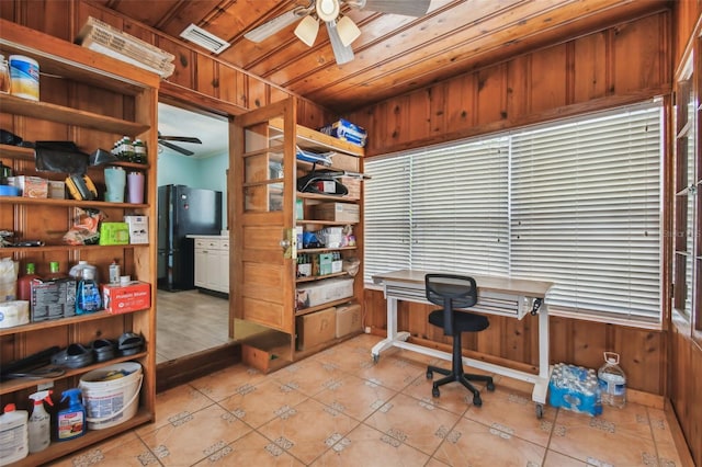 3108 58th St S, Gulfport, FL 33707 - home office featuring visible vents, wooden ceiling, a ceiling fan, wood walls, and light tile patterned flooring