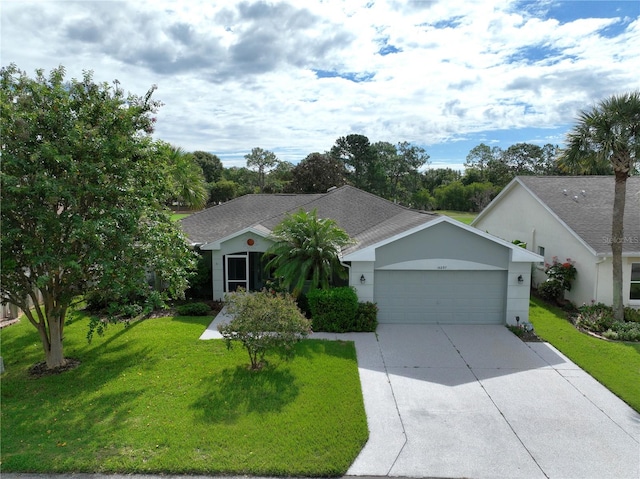 single story home featuring a garage and a front yard