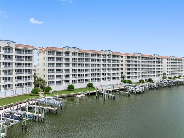 view of building exterior with a water view