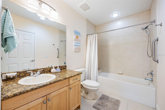 full bathroom with tile patterned flooring, shower / bath combination with curtain, toilet, and vanity