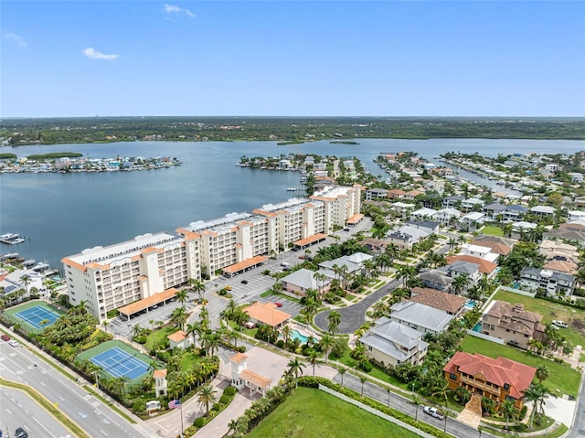 drone / aerial view with a water view