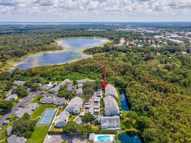 drone / aerial view featuring a water view