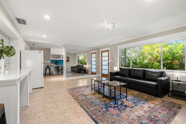 living room featuring plenty of natural light and ornamental molding