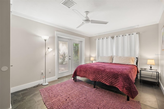 bedroom featuring tile patterned flooring, ceiling fan, access to outside, and french doors