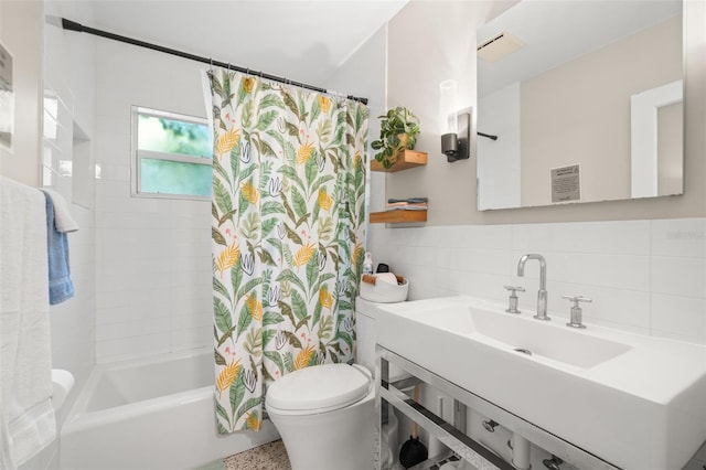 full bathroom with toilet, tasteful backsplash, vanity, tile walls, and shower / bathtub combination with curtain