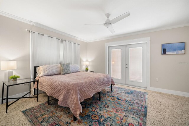 bedroom with ceiling fan, access to outside, ornamental molding, and french doors