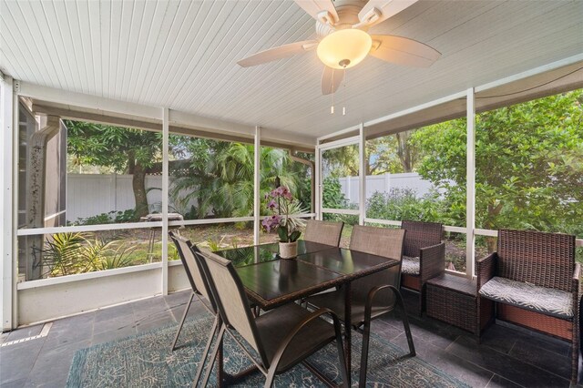 sunroom / solarium featuring ceiling fan