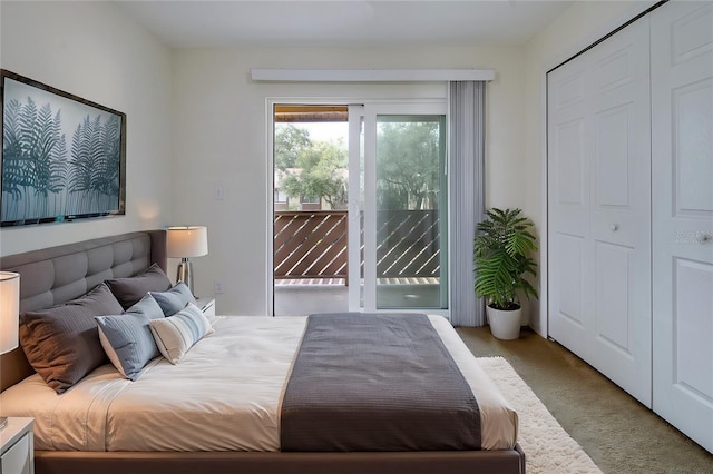 bedroom with access to exterior, light carpet, and a closet