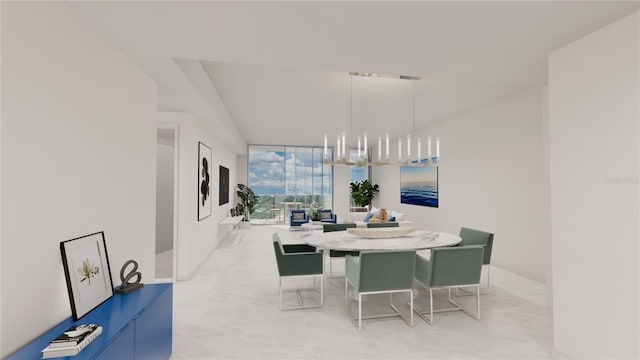 dining area with a notable chandelier, floor to ceiling windows, and light tile patterned floors