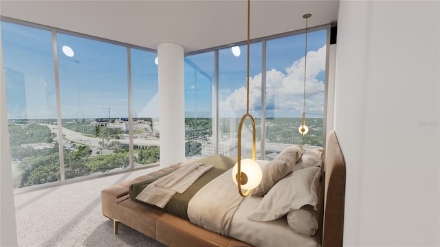 bedroom with a wall of windows and carpet floors