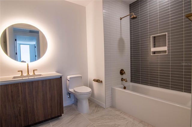 full bathroom with  shower combination, baseboards, vanity, and toilet