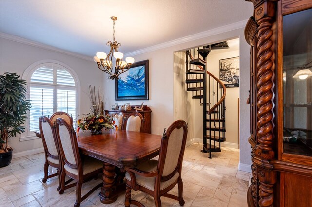 dining space featuring crown molding and a chandelier