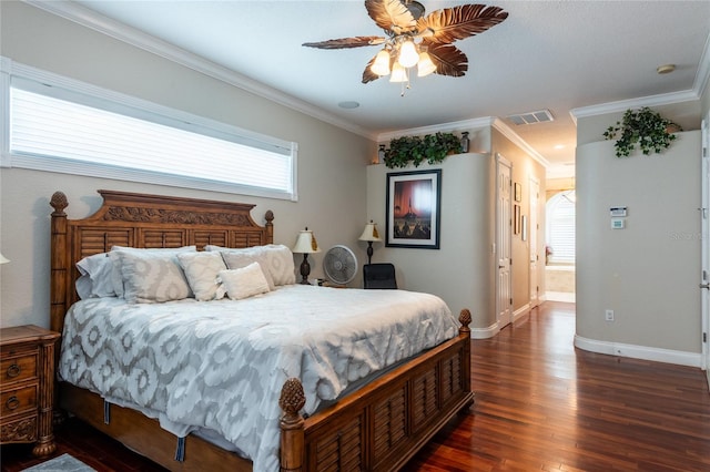 bedroom featuring crown molding, ceiling fan, multiple windows, and dark hardwood / wood-style flooring