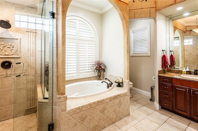 full bathroom with toilet, separate shower and tub, tile patterned flooring, crown molding, and vanity