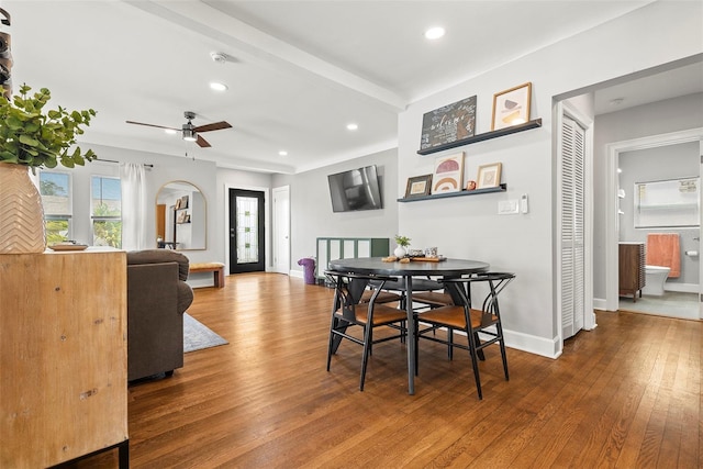 dining room with recessed lighting, baseboards, ceiling fan, and hardwood / wood-style floors