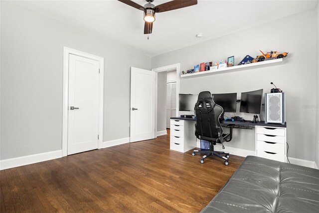 office featuring ceiling fan and hardwood / wood-style flooring