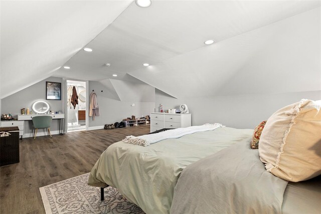 bedroom with dark wood-type flooring, a closet, lofted ceiling, and a spacious closet