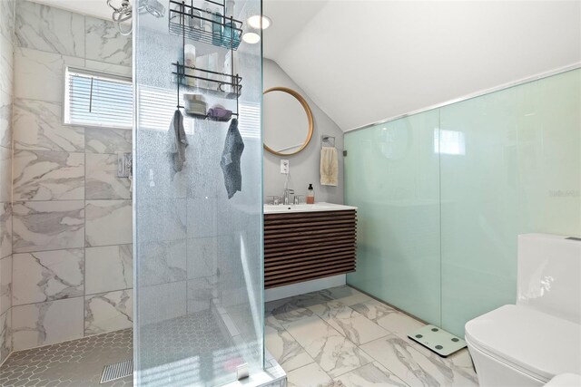 bathroom featuring lofted ceiling, vanity, toilet, and walk in shower