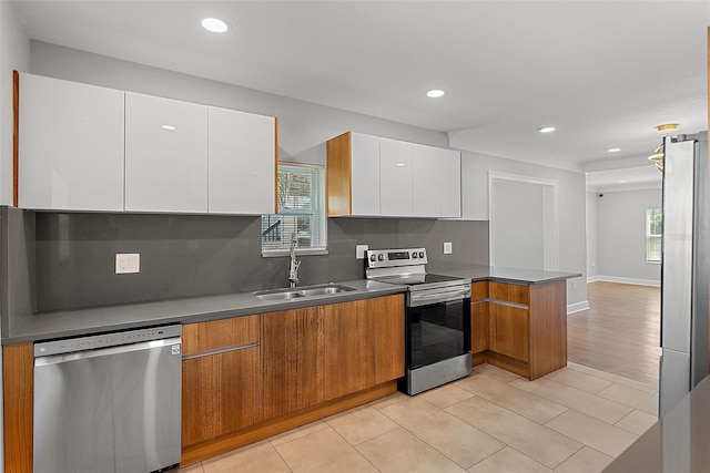 kitchen featuring stainless steel appliances, white cabinetry, a sink, modern cabinets, and a peninsula