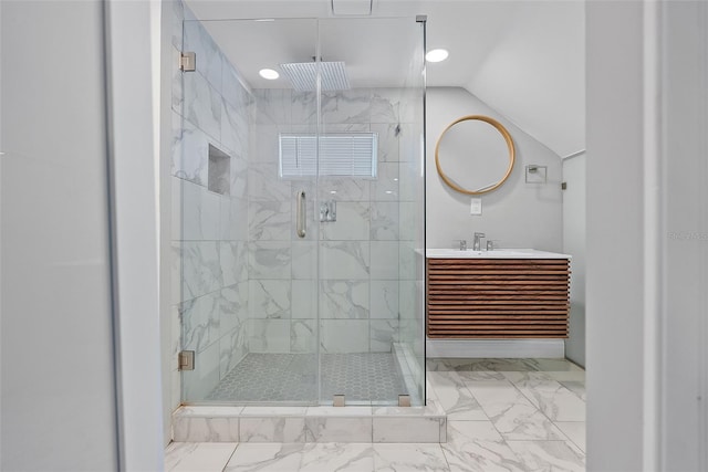 full bathroom featuring lofted ceiling, marble finish floor, vanity, a shower stall, and recessed lighting