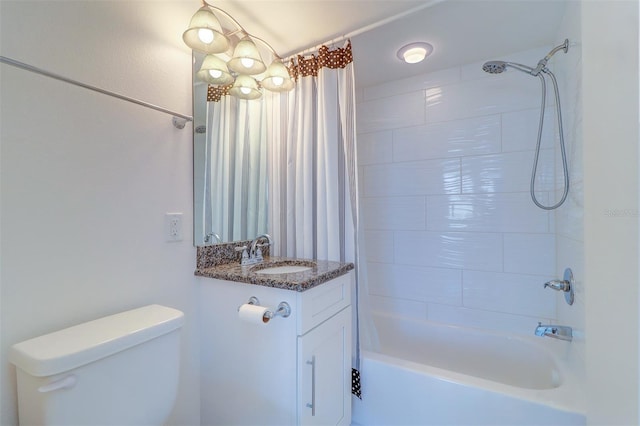 full bathroom with toilet, shower / tub combo with curtain, and vanity