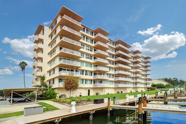 view of building exterior featuring a water view