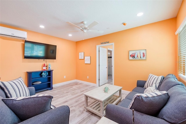 living room featuring a wall mounted AC, recessed lighting, wood finished floors, and baseboards