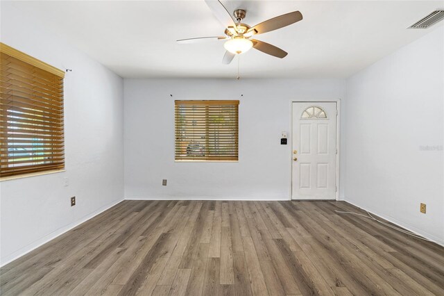 spare room featuring a wealth of natural light, ceiling fan, and wood-type flooring