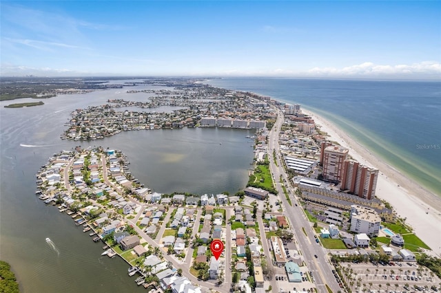 bird's eye view with a view of the beach and a water view